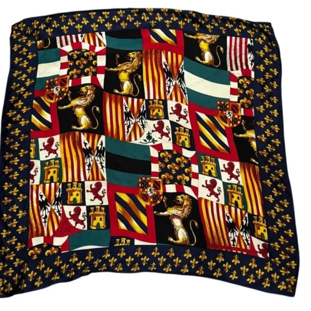 Vintage Adrienne Vittadini 100% Silk Scarf Heraldic/Equestrian Crest Print 32x34